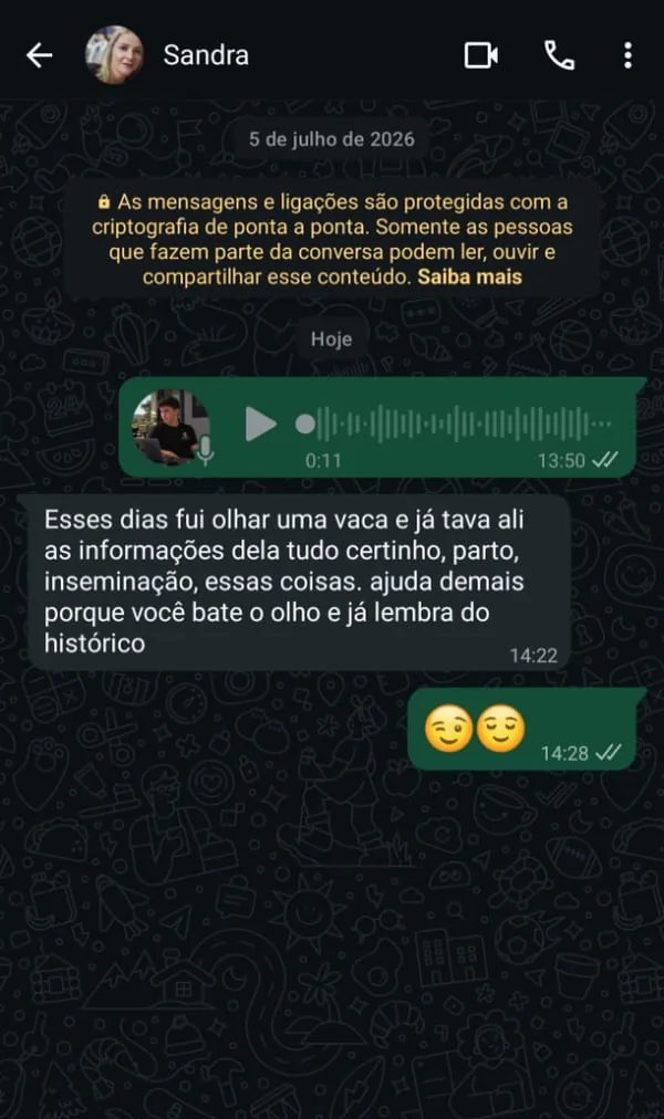 Conversa no WhatsApp de produtor que usa a Central Milk