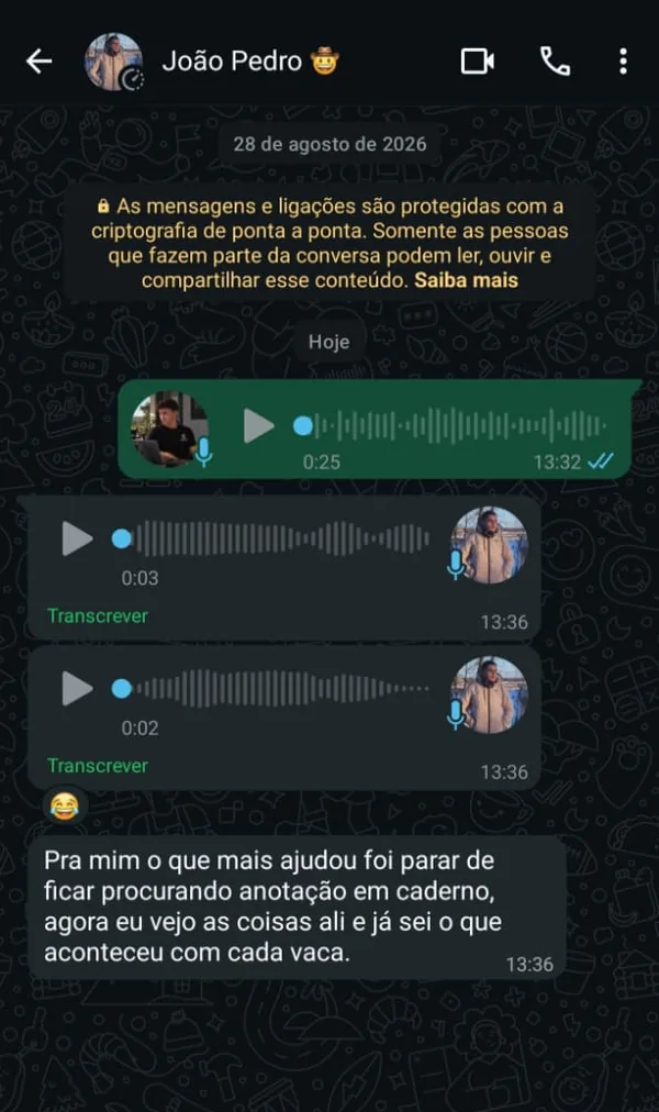 Conversa no WhatsApp de produtor que usa a Central Milk